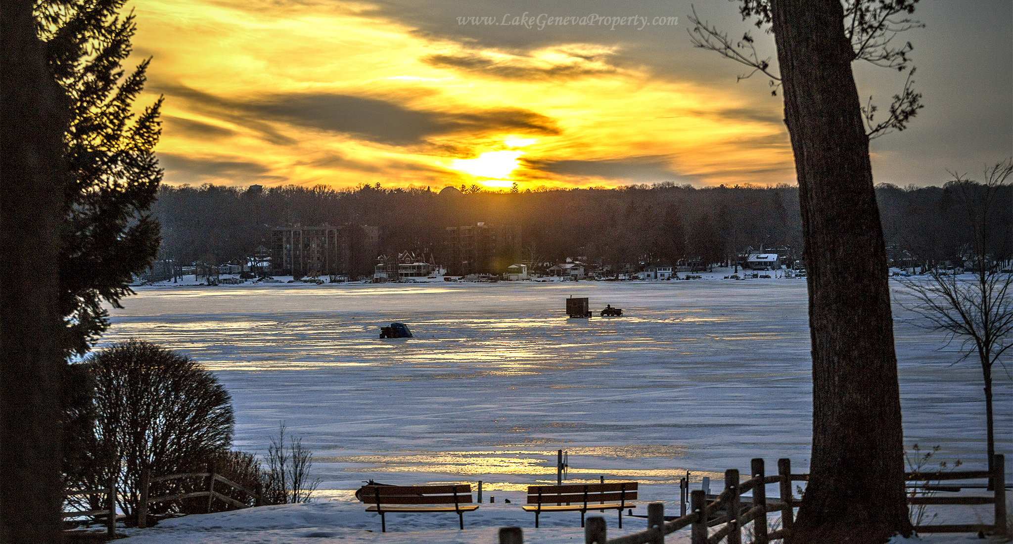 A Sunny Sunset Overlooking the ice on Lake Geneva in February Lake